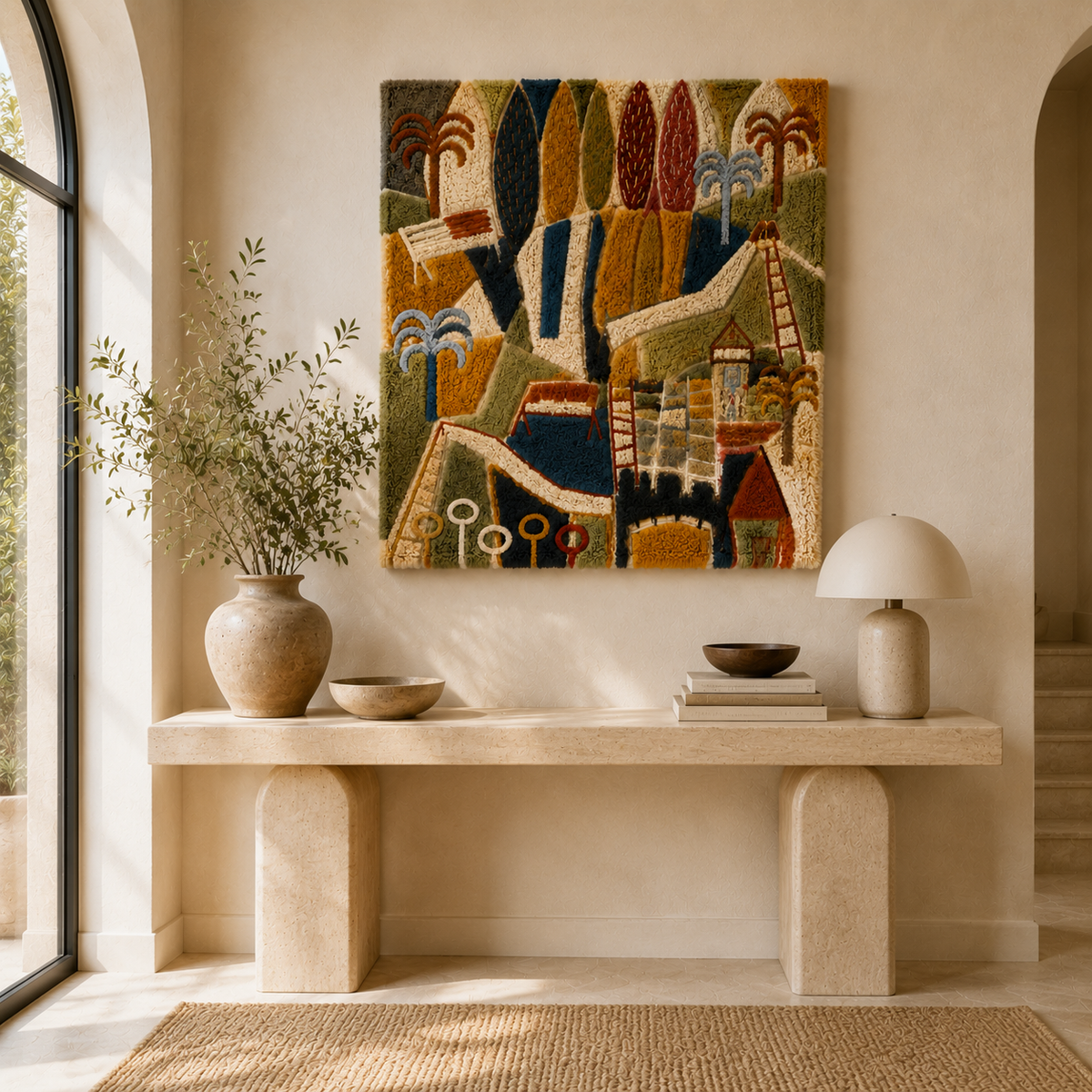 Hewn Earth Folk Tapestry HE-0050 wall art featuring intricate folk-inspired patterns on woven fabric.