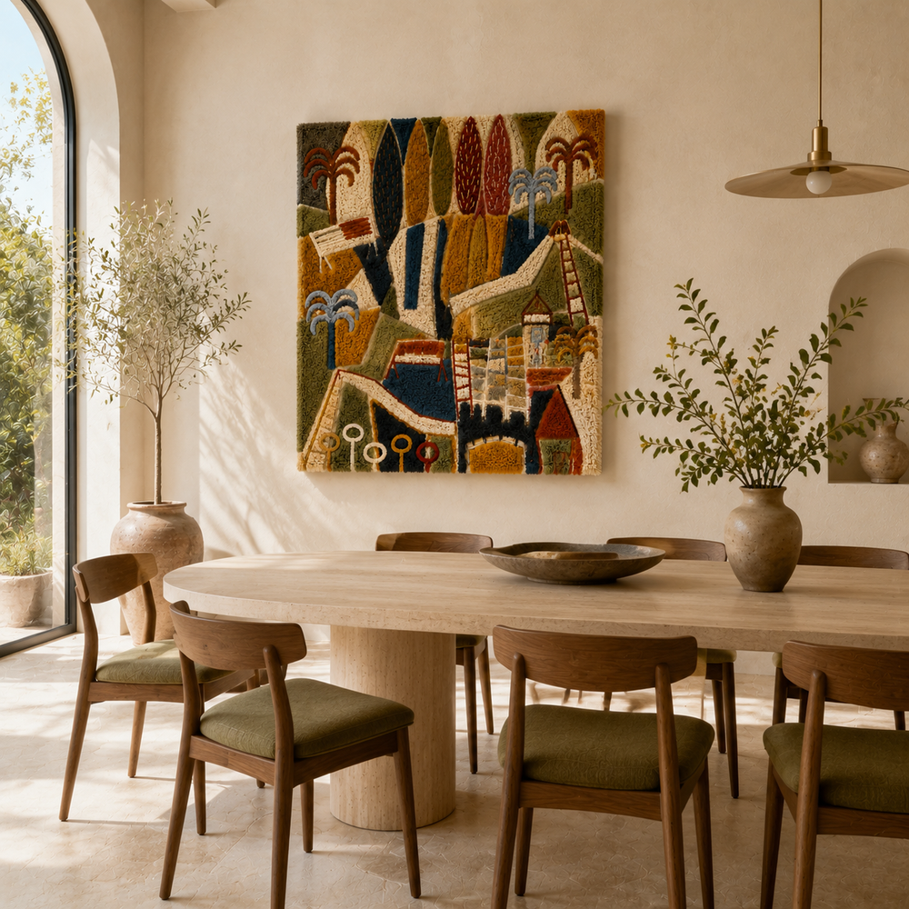 Colorful Folk Tapestry wall art by Hewn Earth featuring intricate woven patterns on a textured fabric background.