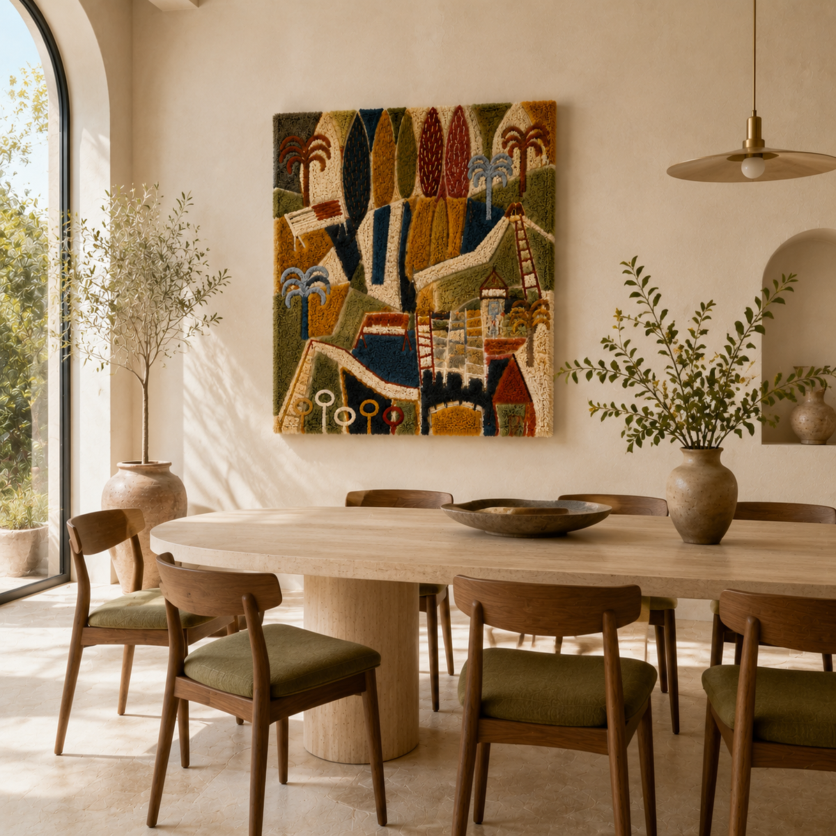 Colorful Folk Tapestry wall art by Hewn Earth featuring intricate woven patterns on a textured fabric background.