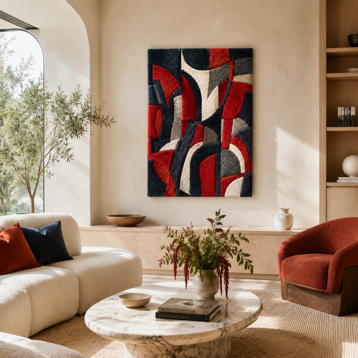 Crimson Rhythm HE-0053 wall art by Hewn Earth featuring abstract red and black design on textured canvas.