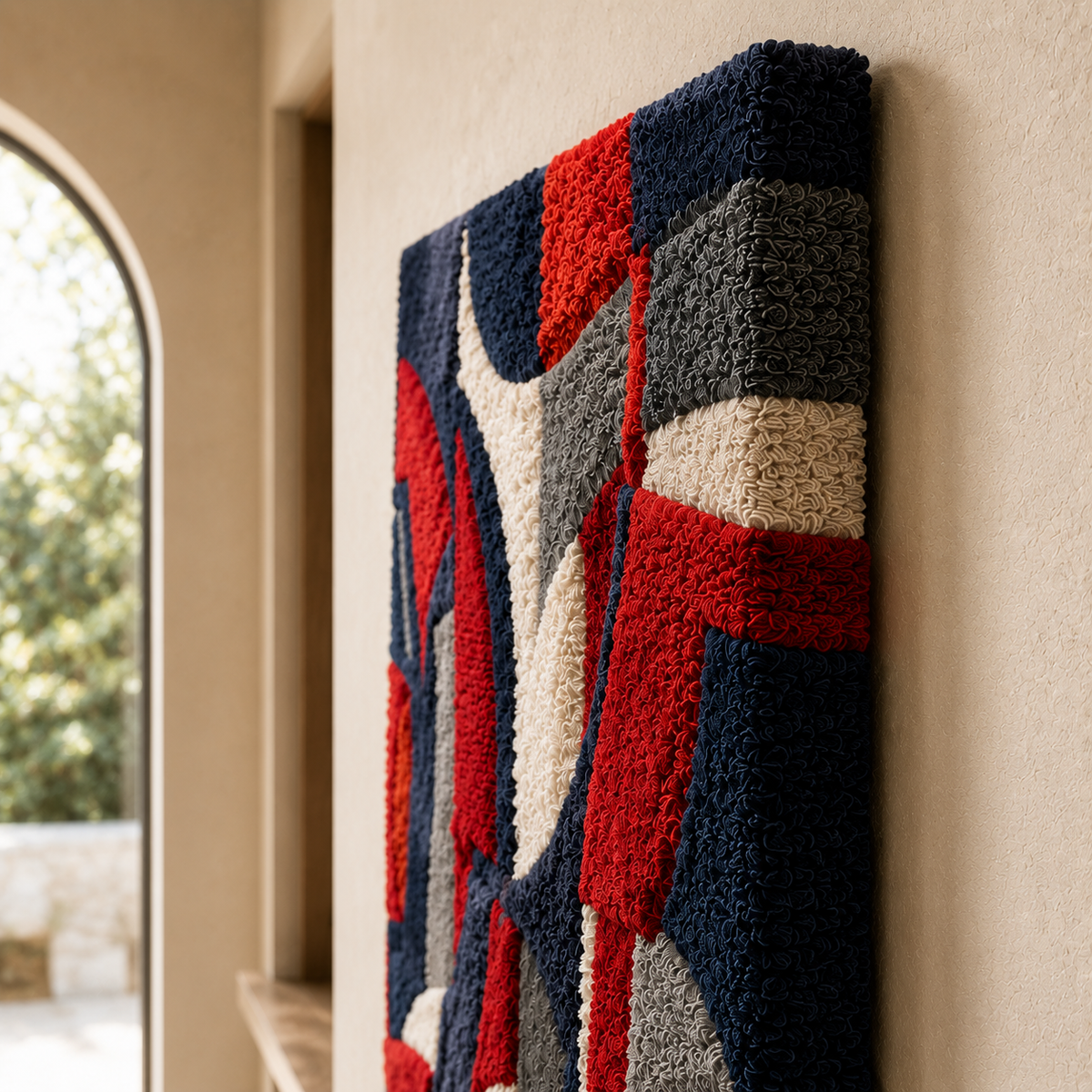 Crimson Rhythm HE-0053 wall art by Hewn Earth featuring abstract red and black geometric design on canvas.