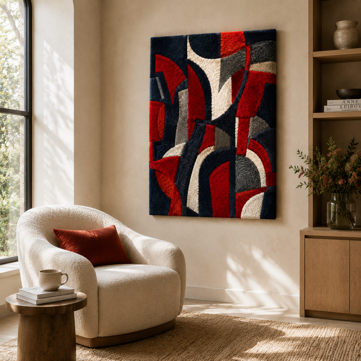 Crimson Rhythm HE-0053 wall art by Hewn Earth featuring abstract red and black geometric design on a textured canvas.
