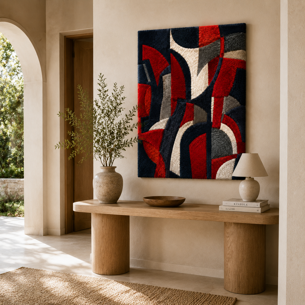 Crimson Rhythm HE-0053 wall art by Hewn Earth featuring abstract red and black modern design on canvas.