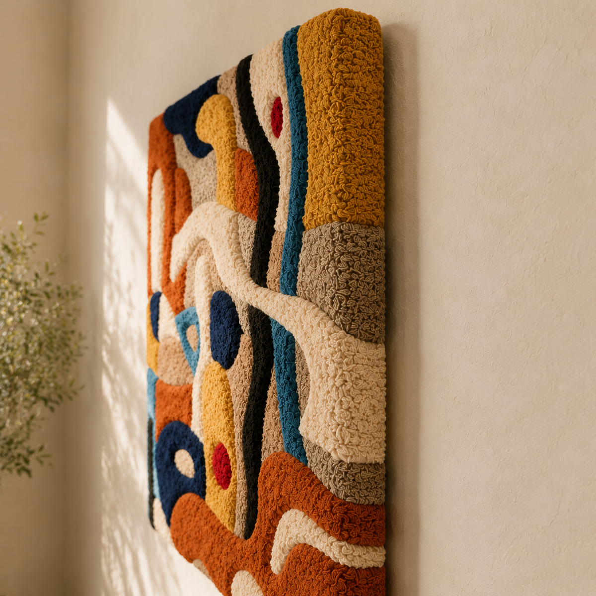 Abstract wall art by Hewn Earth featuring playful, colorful geometric shapes and bold brushstrokes on a textured canvas.