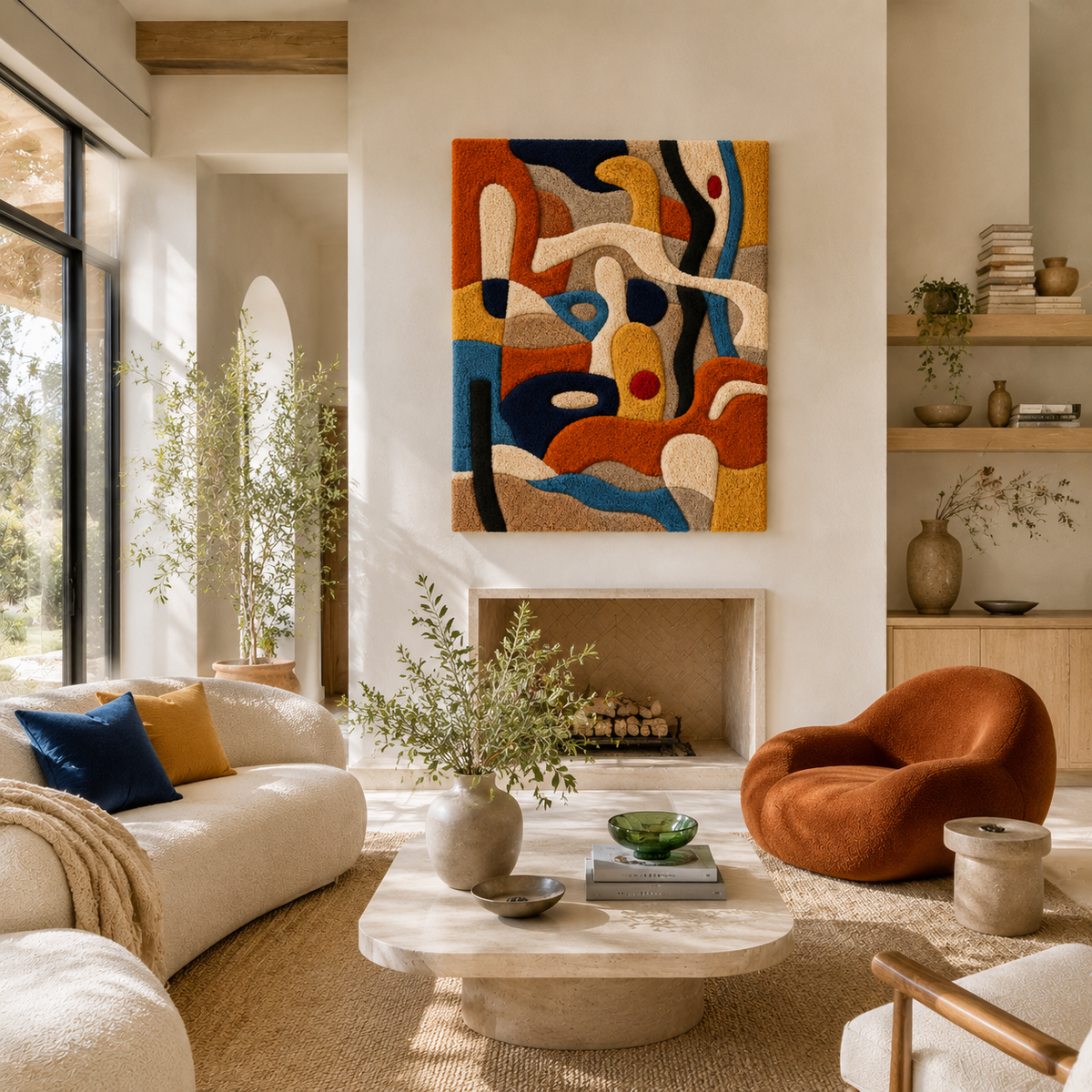 Abstract wall art piece titled Playful Abstraction HE-0055 by Hewn Earth, featuring vibrant, playful geometric shapes on a neutral background.