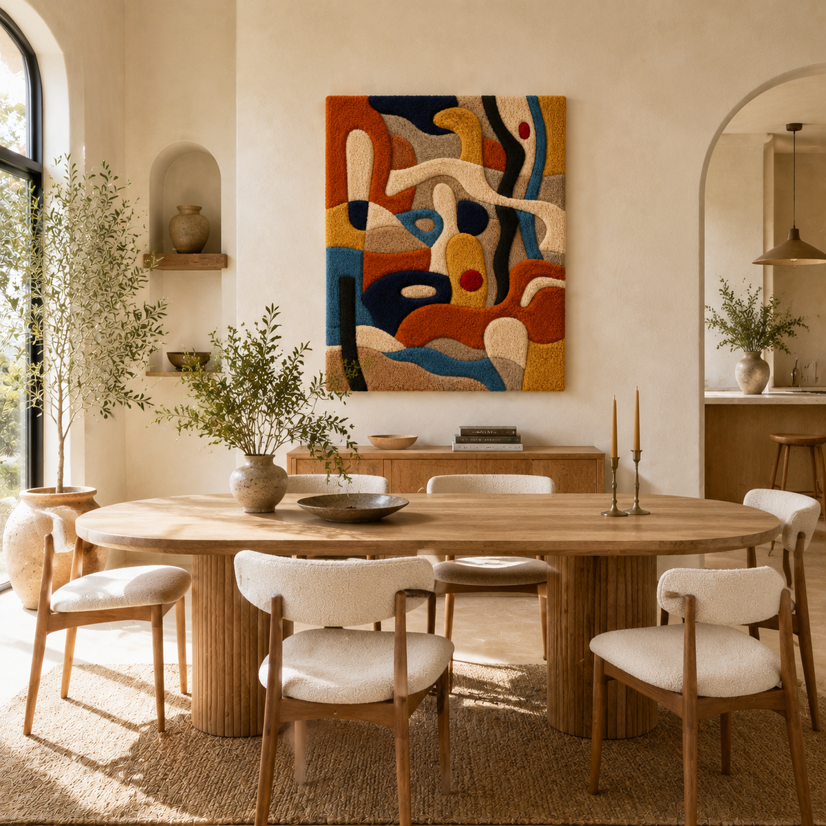 Abstract wall art piece titled Playful Abstraction by Hewn Earth, featuring vibrant geometric shapes on a neutral background.