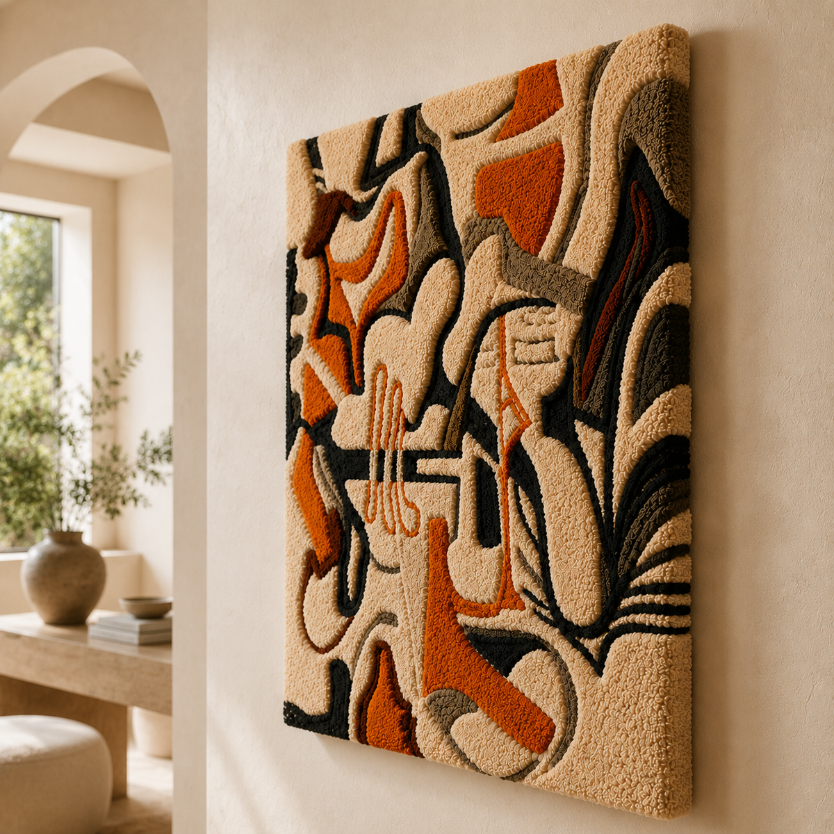 Hewn Earth Linear Botanica HE-0056 wall art featuring abstract botanical design in neutral tones on a white background