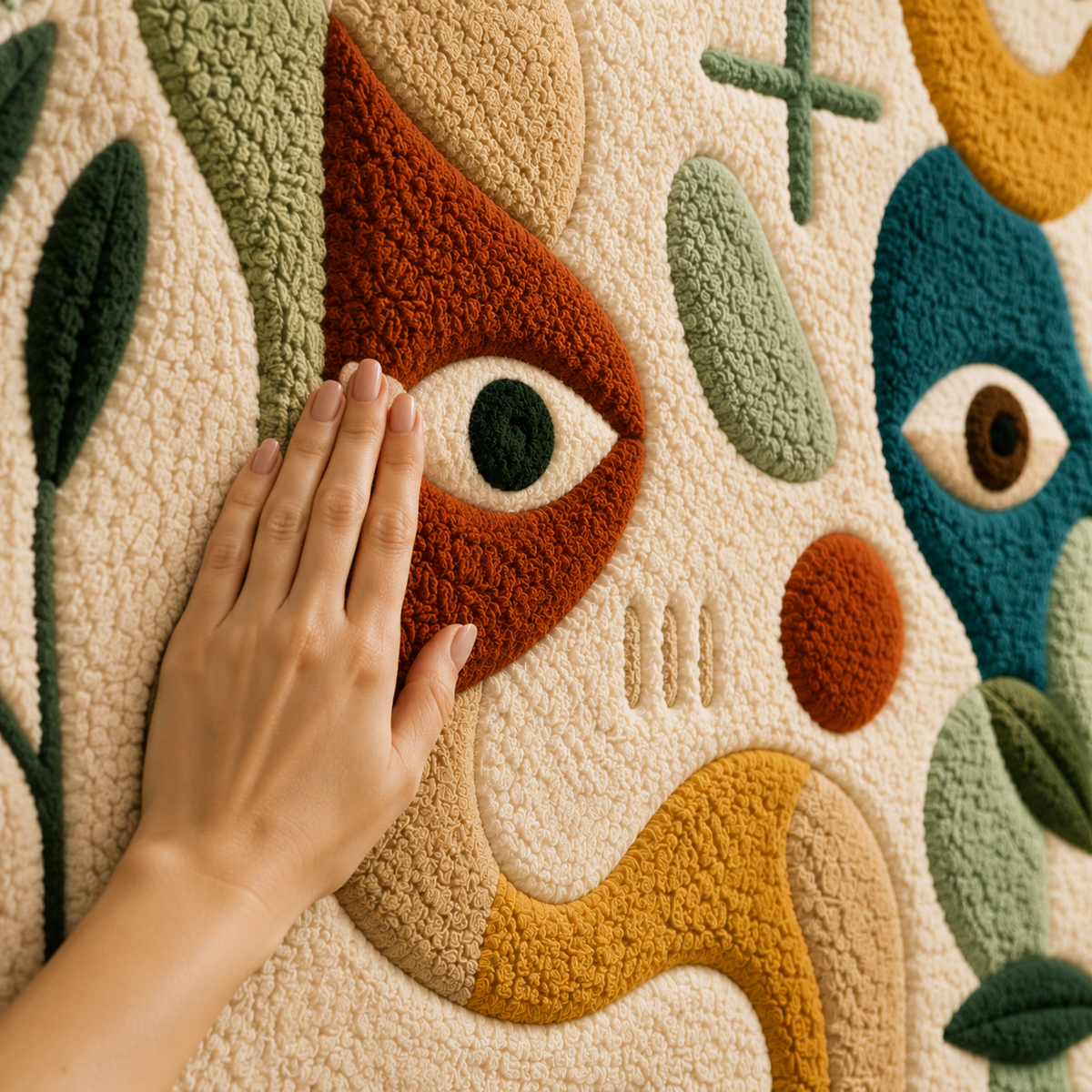 Hewn Earth Garden Glyphs wall art, HE-0057, featuring intricate botanical designs in earthy tones on a textured surface.