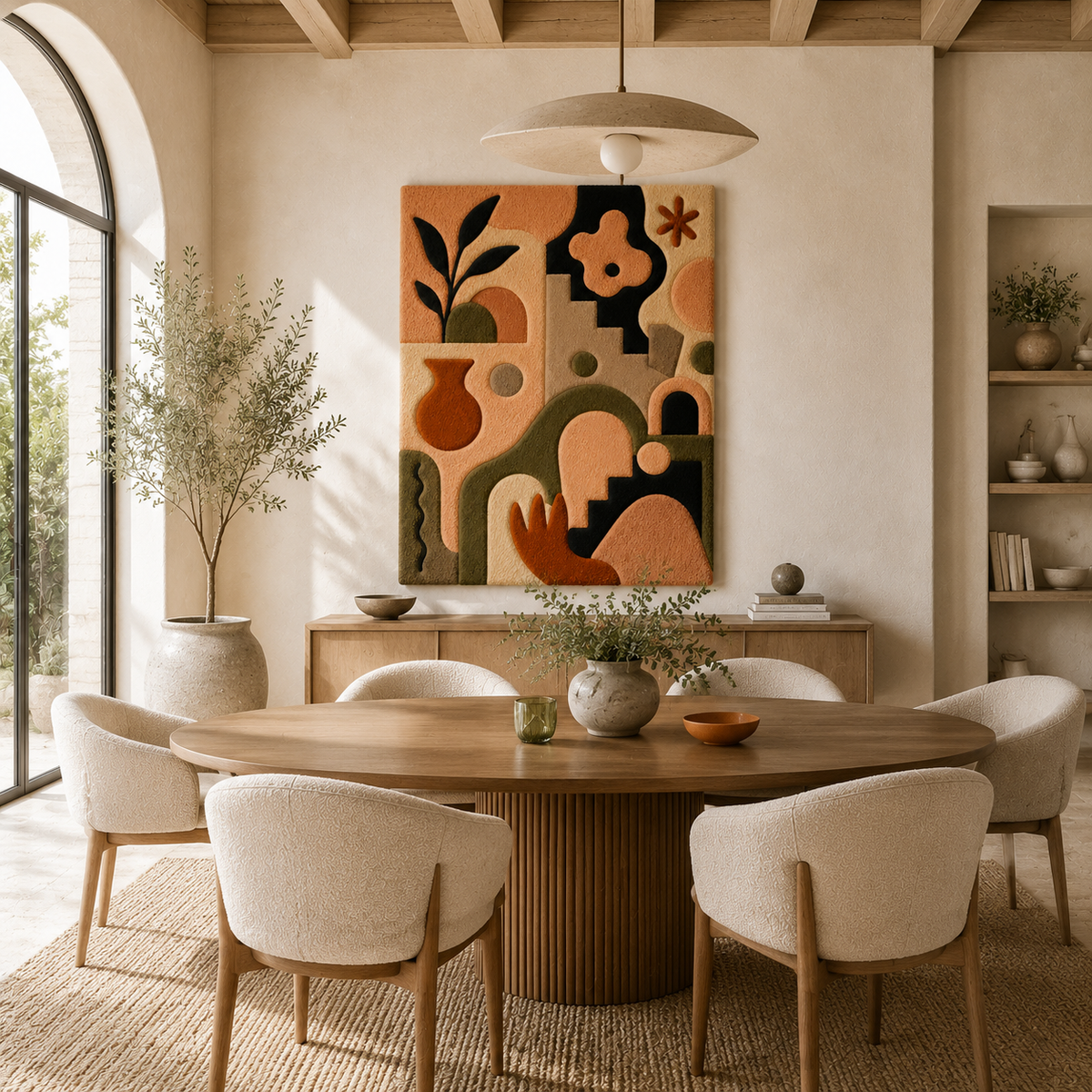 Hewn Earth Folk Garden HE-0059 wall art featuring colorful folk-inspired botanical illustrations on a textured background.