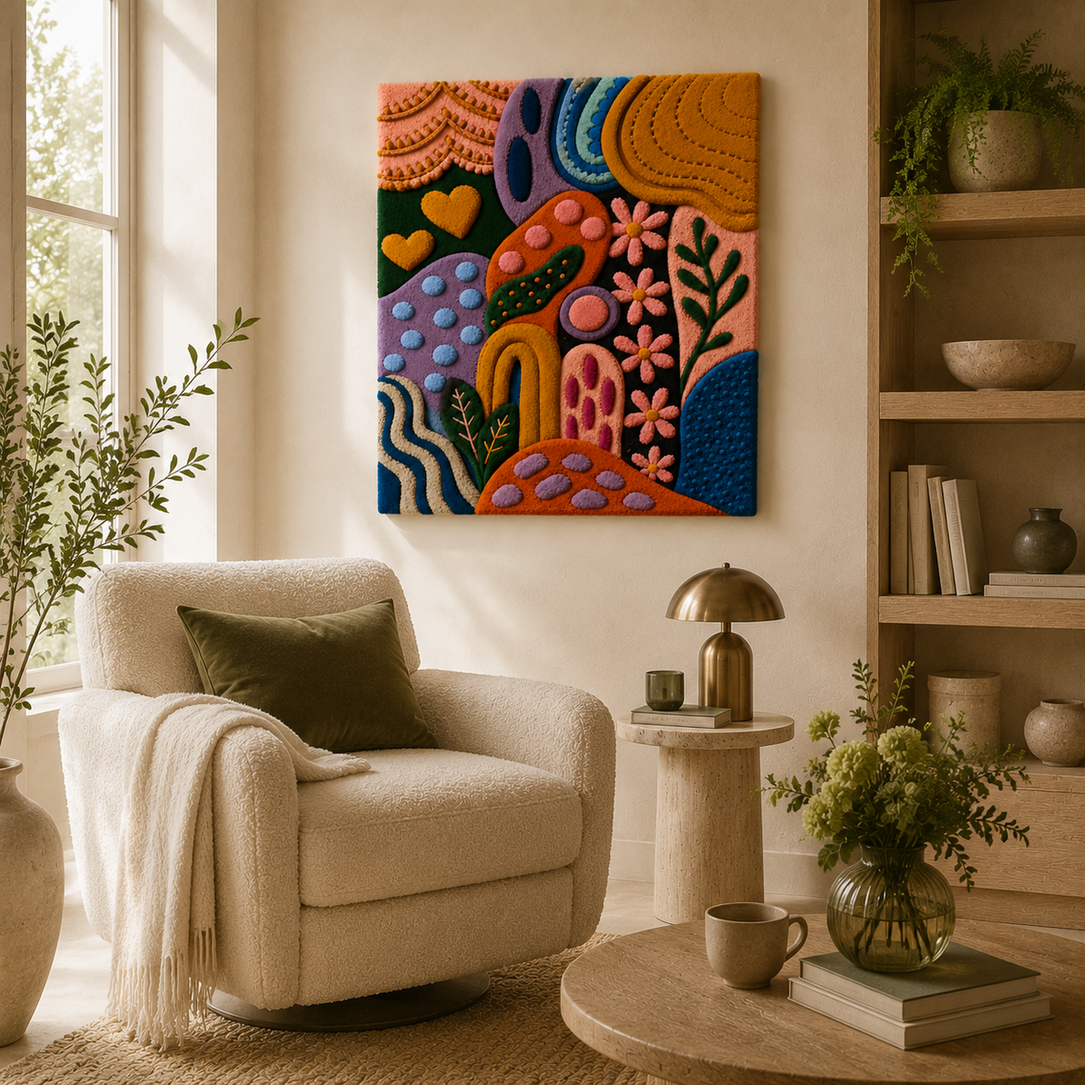 Hewn Earth Midnight Meadow wall art featuring a serene landscape with trees and a calm night sky in natural tones.