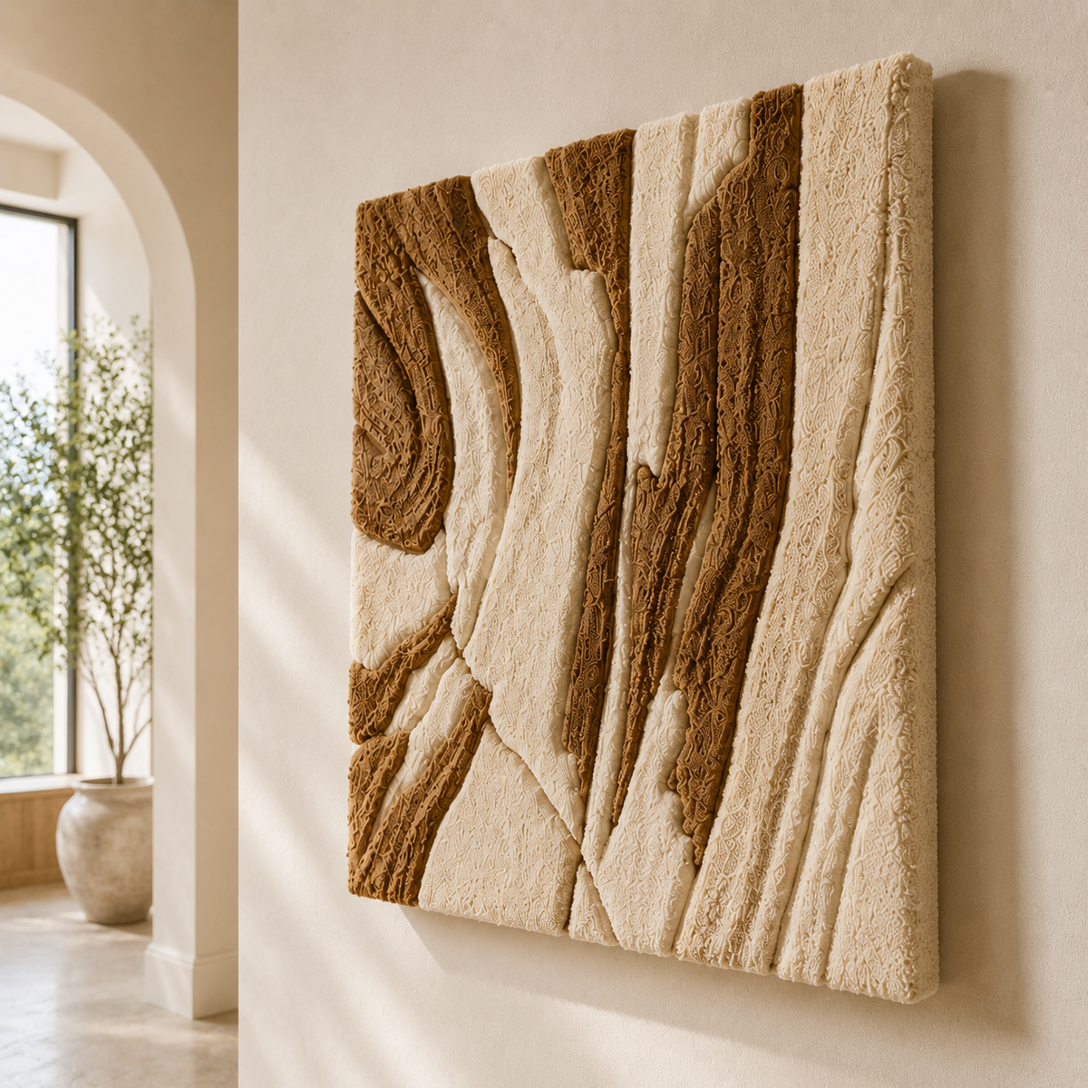 Hewn Earth Driftwood Relief wall art featuring textured driftwood pieces arranged in an abstract design on a neutral background.