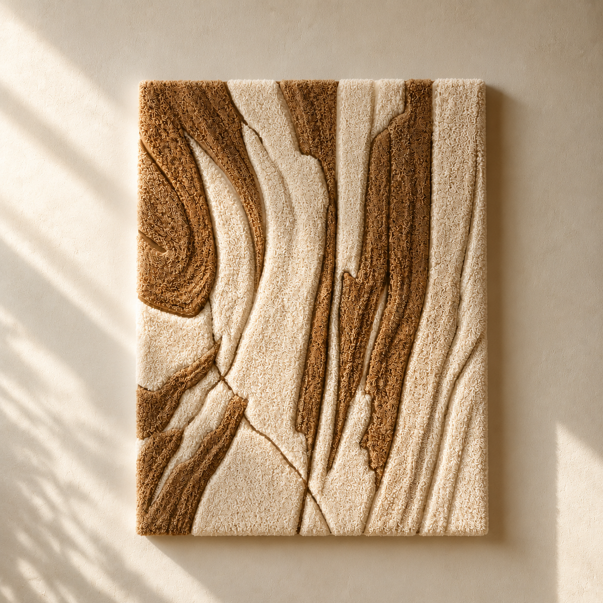 Hewn Earth Driftwood Relief wall art featuring textured, natural driftwood pieces arranged in an abstract design.