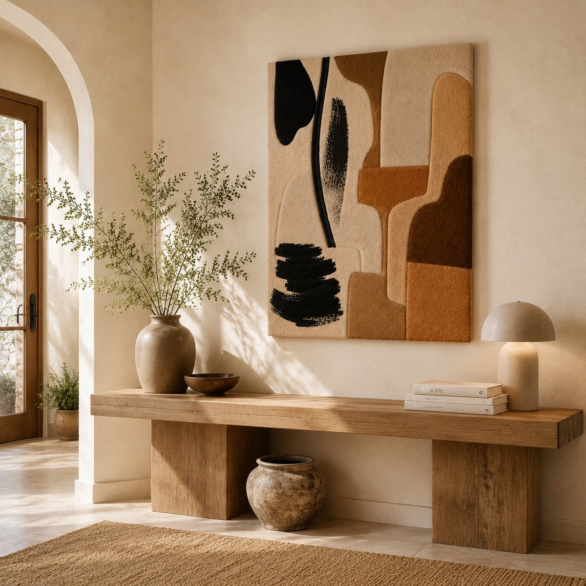 Hewn Earth wall art piece titled Earthbound Forms HE-0065 featuring abstract earthy-toned shapes on a textured background.