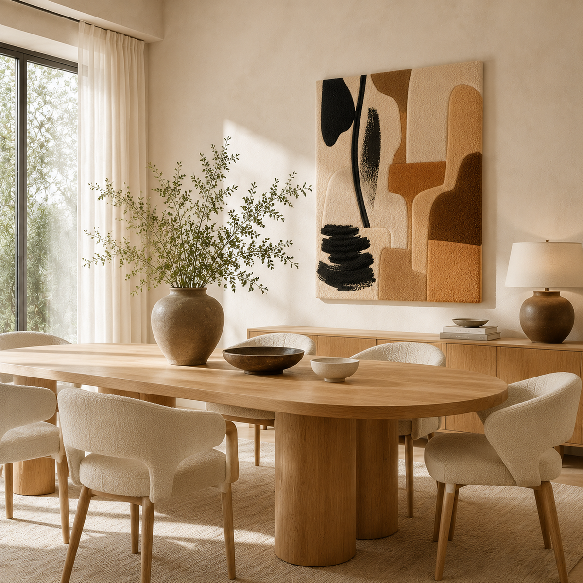 Hewn Earth Earthbound Forms HE-0065 wall art featuring abstract geometric shapes in neutral tones on a wall background.