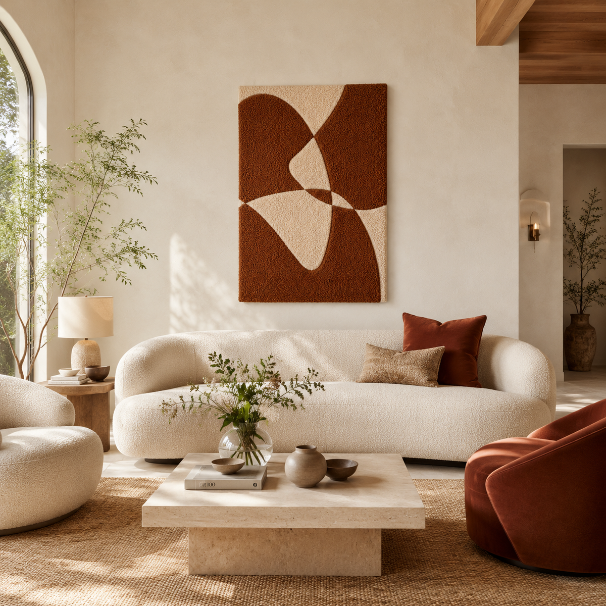 Hewn Earth terracotta pinwheel wall art with geometric design, mounted on a wall, showcasing warm earthy tones and intricate details.