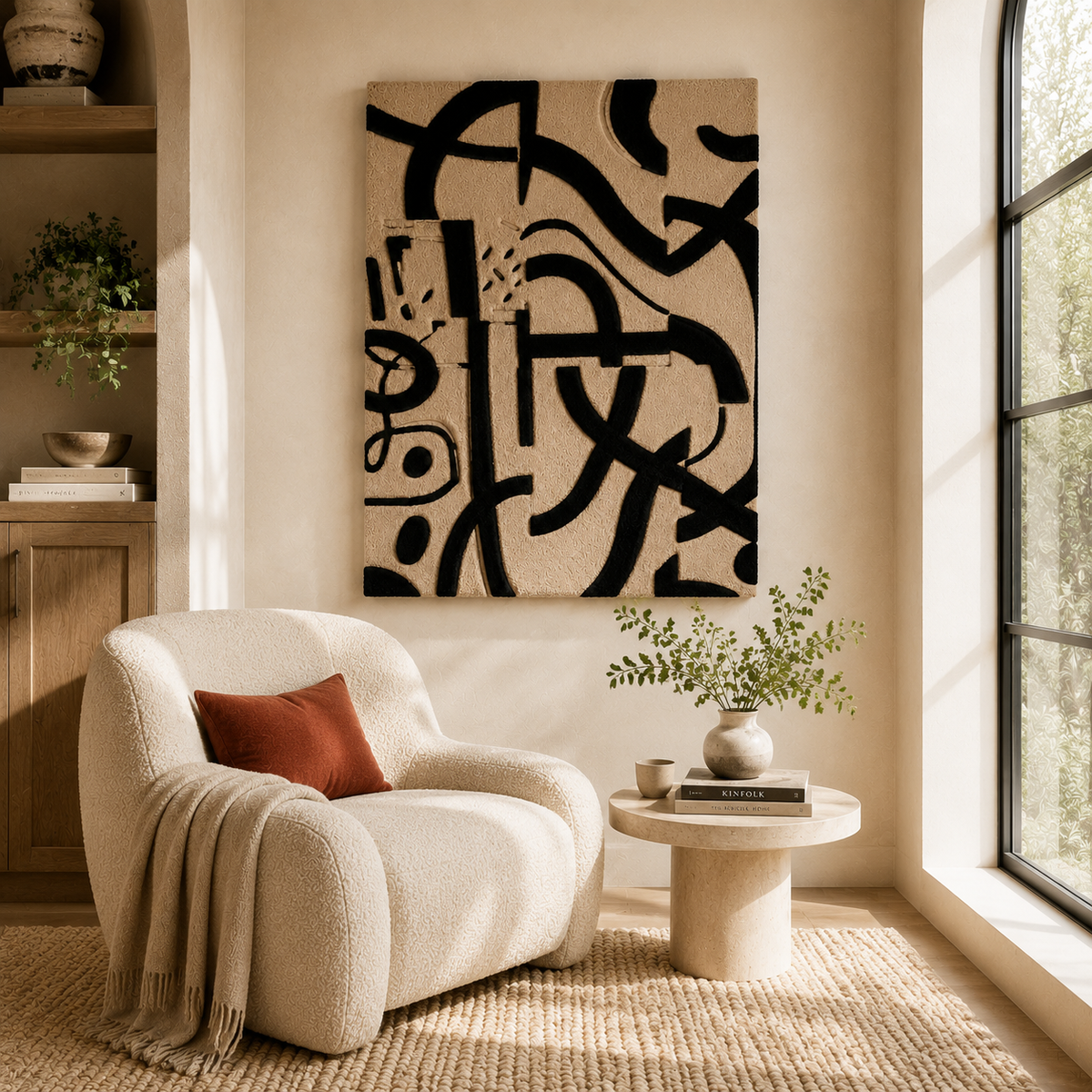 Hewn Earth Ink Calligraphy wall art featuring elegant black ink strokes on textured paper, designed for sophisticated home decor.