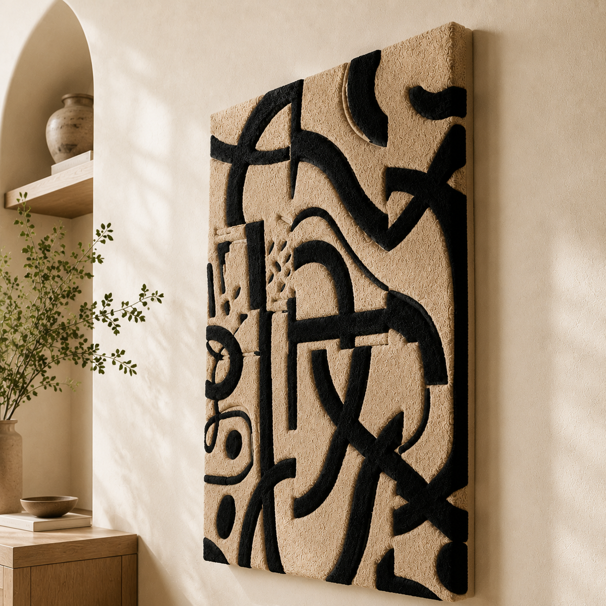 Hewn Earth Ink Calligraphy wall art with black brushstroke design on textured paper, modern Asian-inspired decor piece
