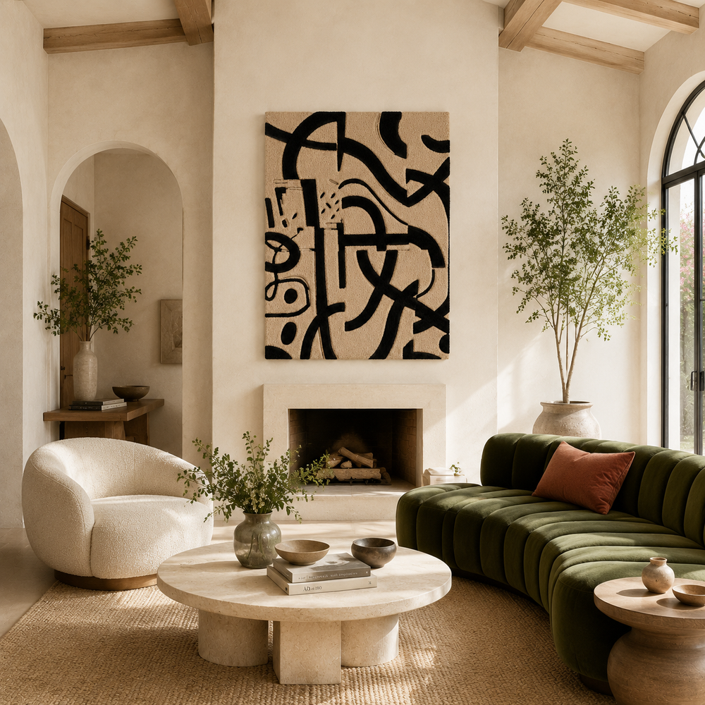 Hewn Earth Ink Calligraphy wall art, HE-0067, featuring elegant black ink strokes on a white background for modern home decor.