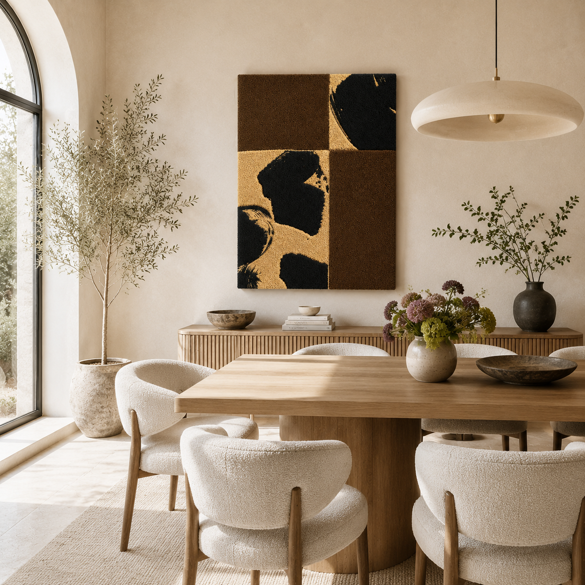 Hewn Earth Charcoal Fragments wall art featuring textured, natural charcoal pieces arranged in an abstract design.