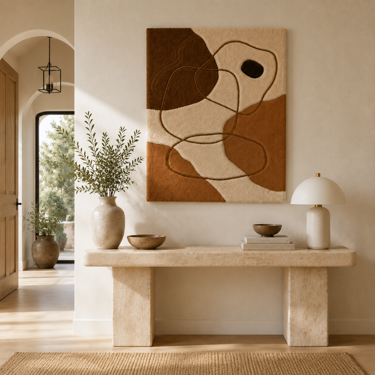Hewn Earth Contour Lines wall art featuring abstract black and white contour patterns on a canvas.