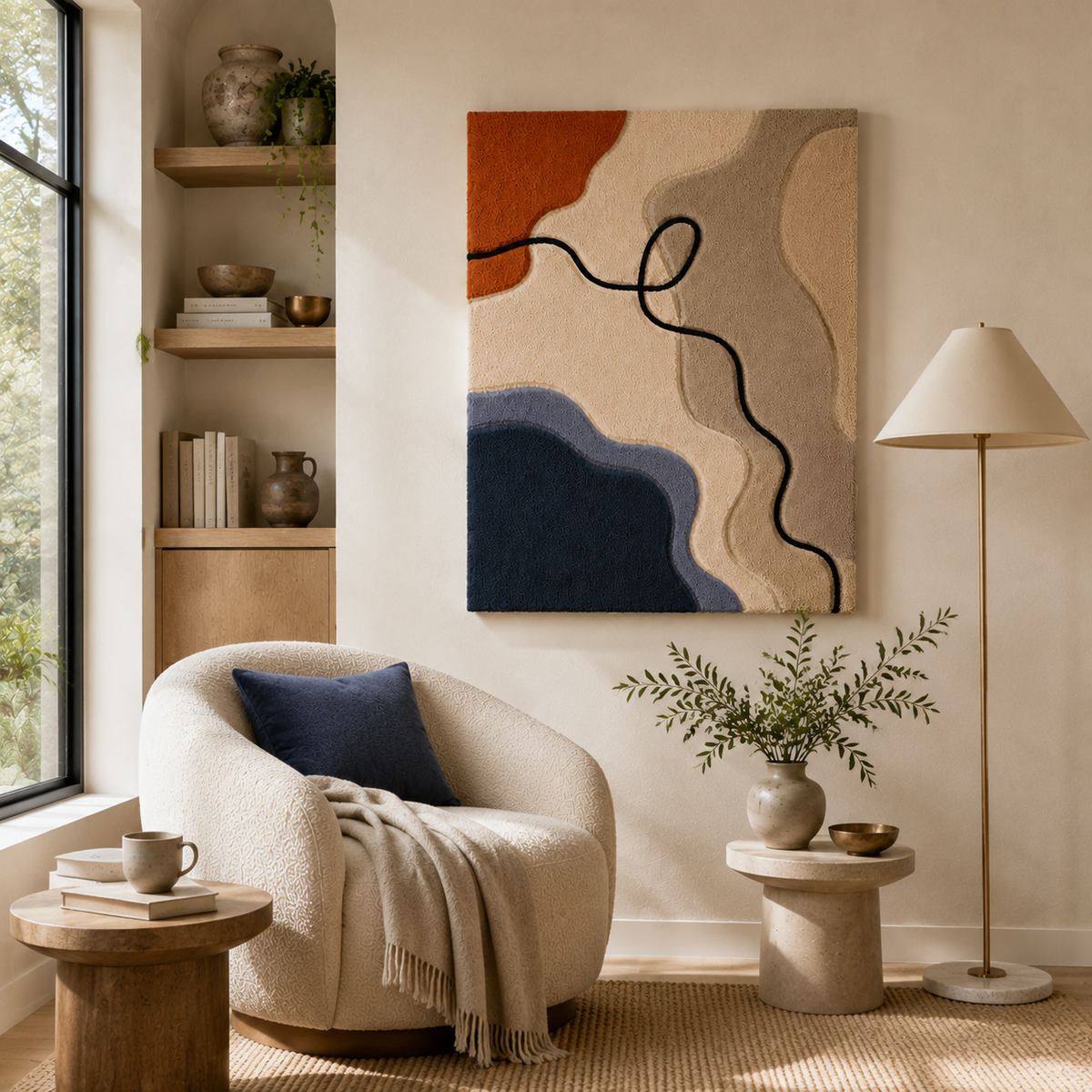 Hewn Earth Wandering Line HE-0070 wall art featuring abstract, flowing line design on a neutral background.