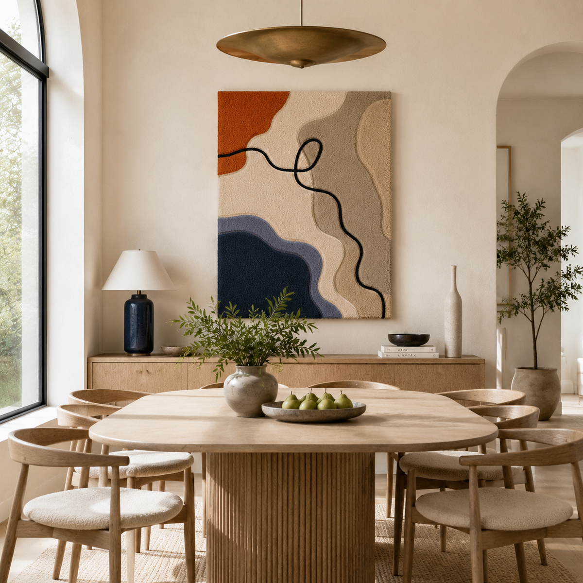 Hewn Earth Wandering Line HE-0070 wall art featuring abstract, flowing lines on a neutral background, modern home decor piece.
