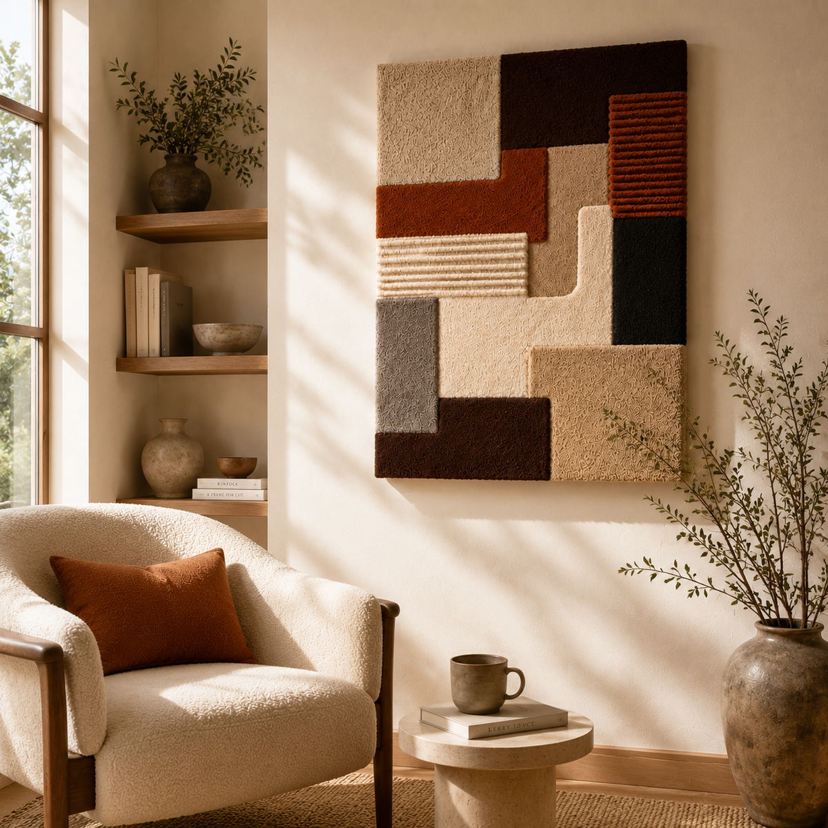 Hewn Earth Woven Blocks wall art piece featuring textured woven geometric patterns in neutral tones for modern home decor.