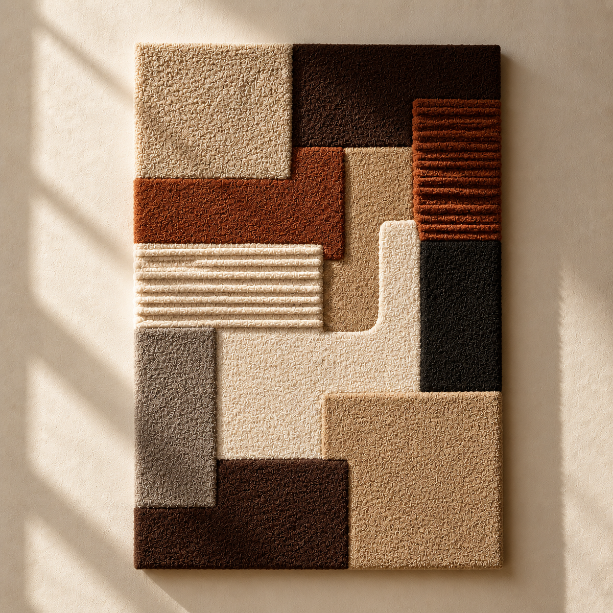 Colorful woven wall art by Hewn Earth featuring interwoven fabric blocks in a modern geometric design.