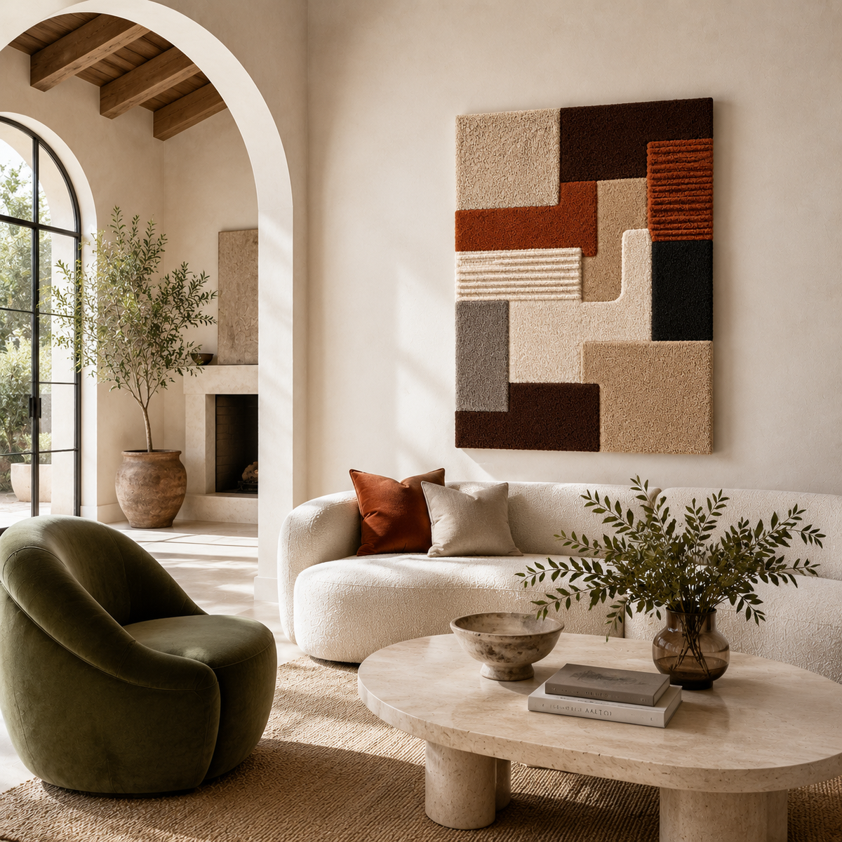 Hewn Earth Woven Blocks wall art featuring textured, interwoven fabric strips in neutral tones for modern home decor.