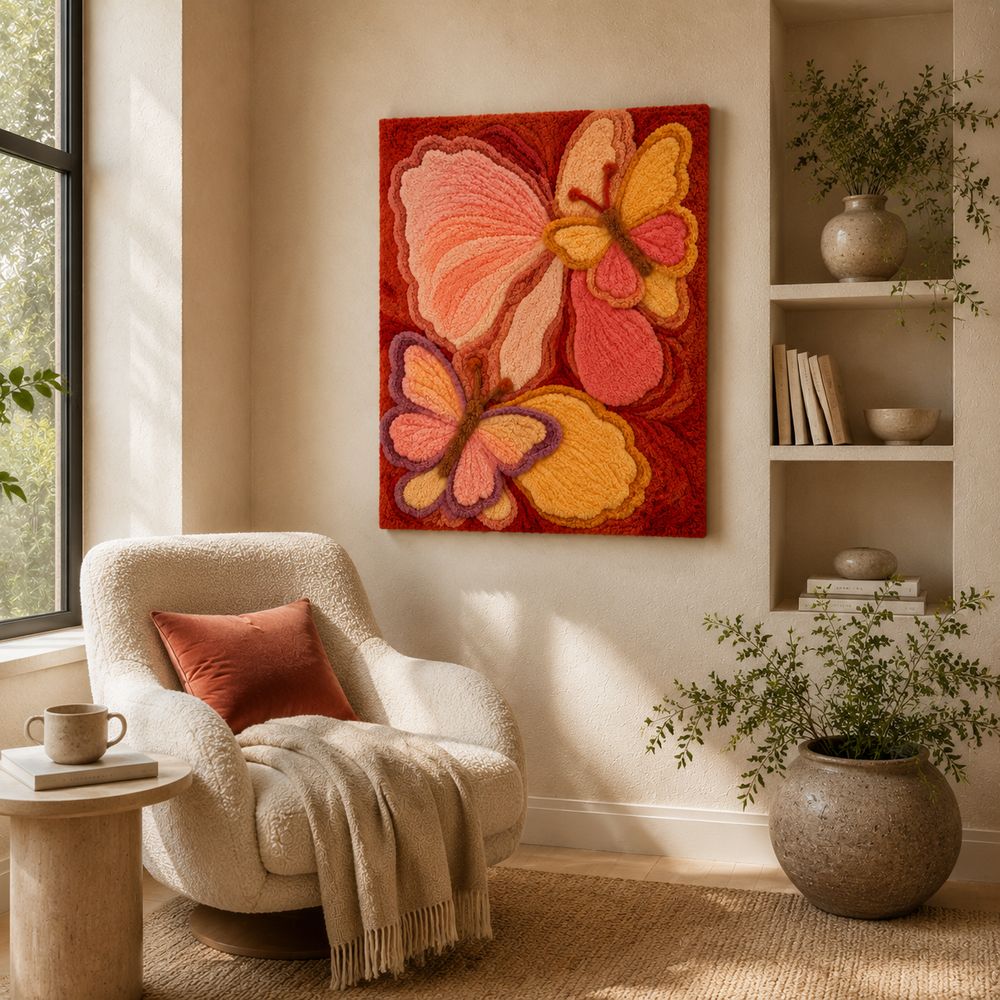 Colorful butterfly garden wall art by Hewn Earth featuring vibrant butterfly illustrations on a decorative wall piece.
