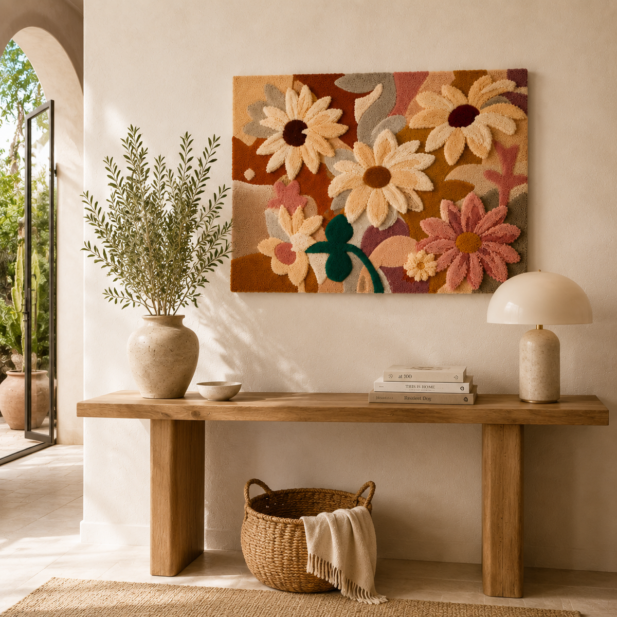 Hewn Earth Daisy Field wall art featuring a vibrant floral design with yellow and white daisies on a natural background.