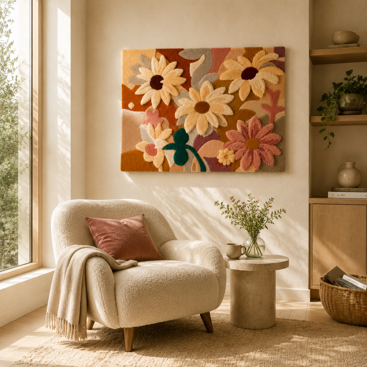 Hewn Earth Daisy Field wall art featuring vibrant yellow daisies and lush green foliage on a white background.