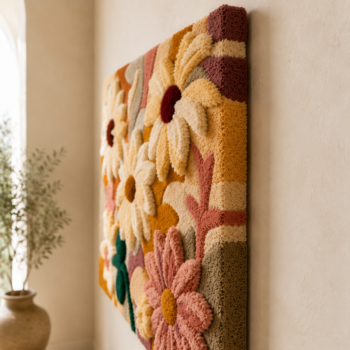 Hewn Earth Daisy Field wall art featuring a vibrant floral design on a wall.