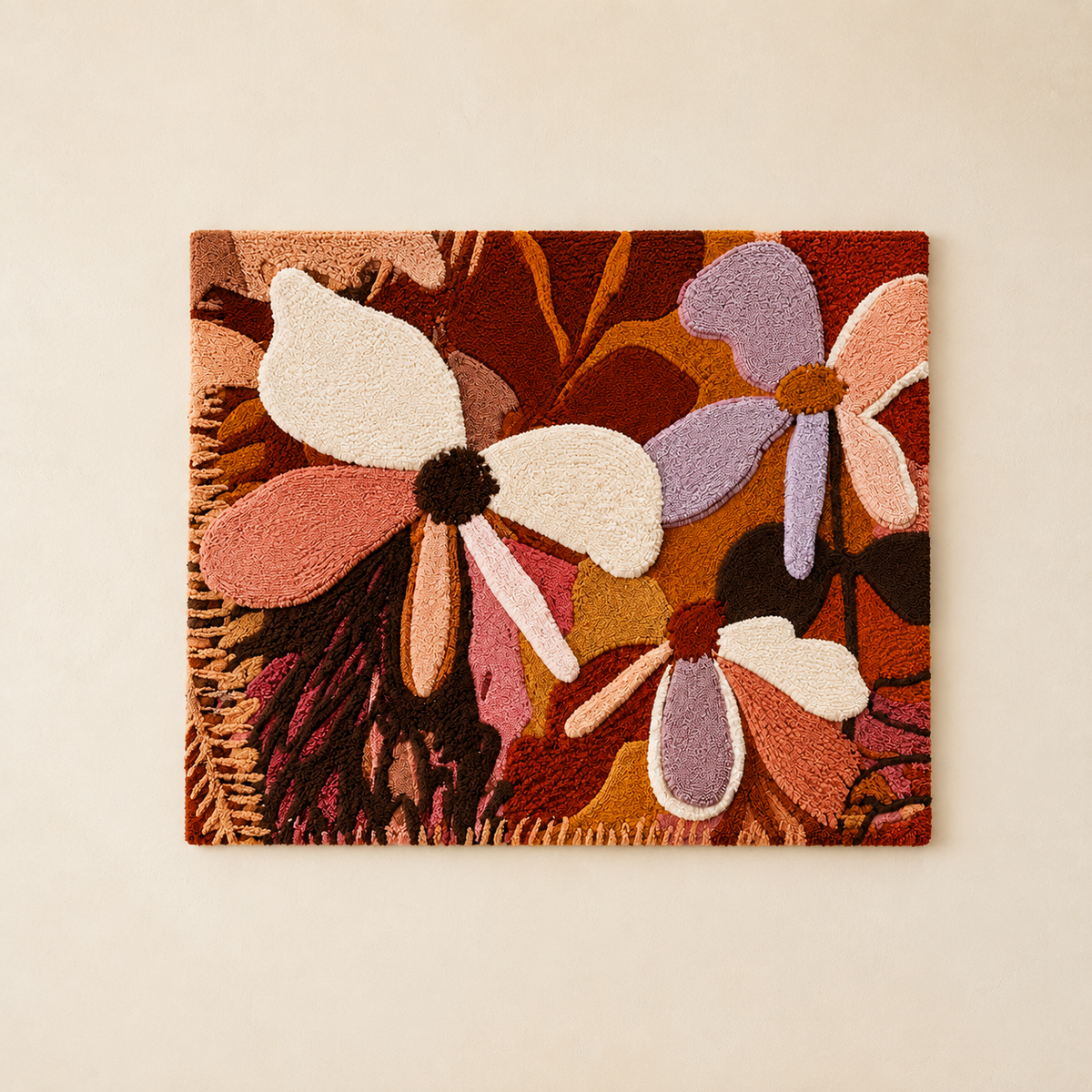Hewn Earth Twilight Daisies wall art featuring vibrant daisy floral design on a textured background.