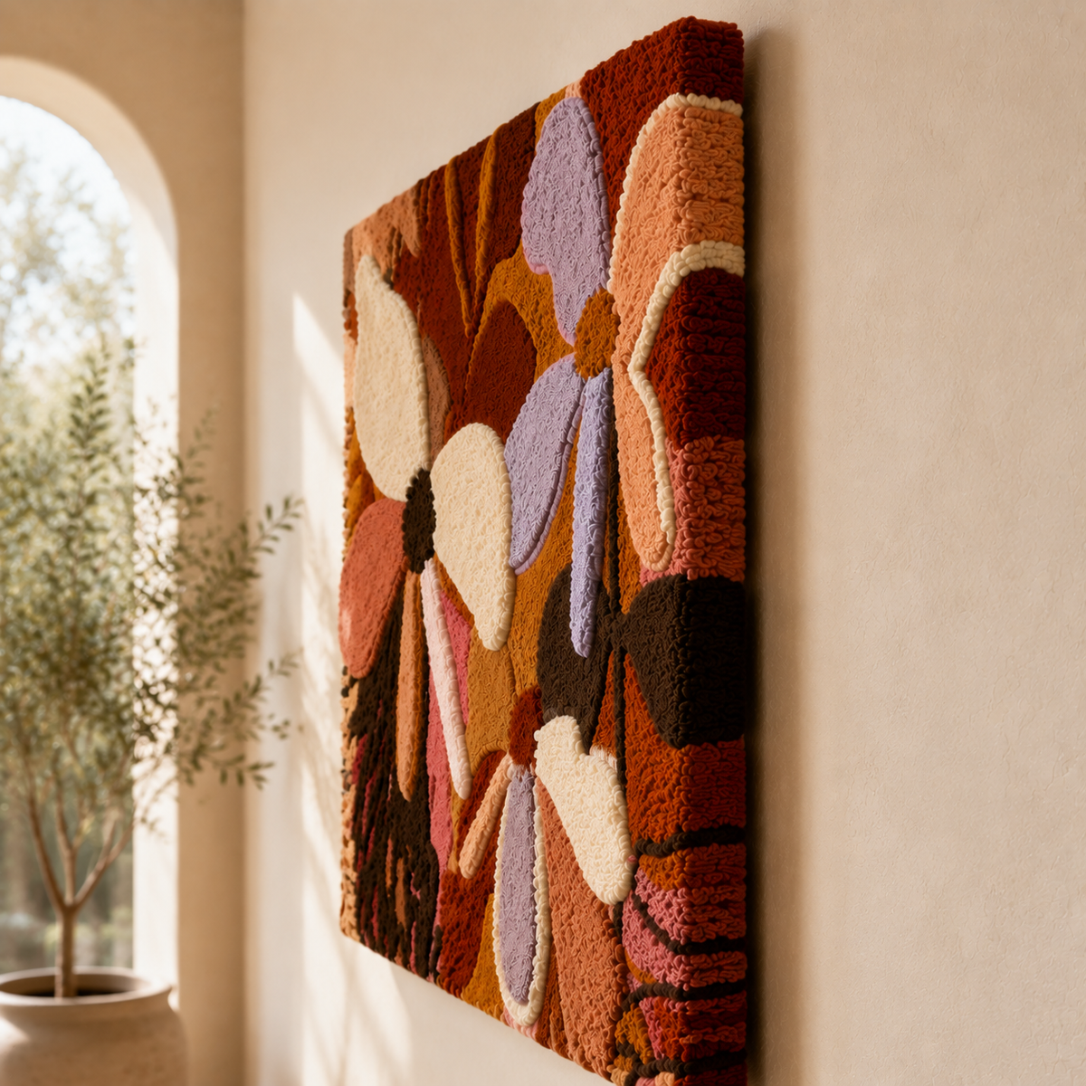 Hewn Earth Twilight Daisies wall art featuring vibrant daisy illustrations on a textured background for home decor.