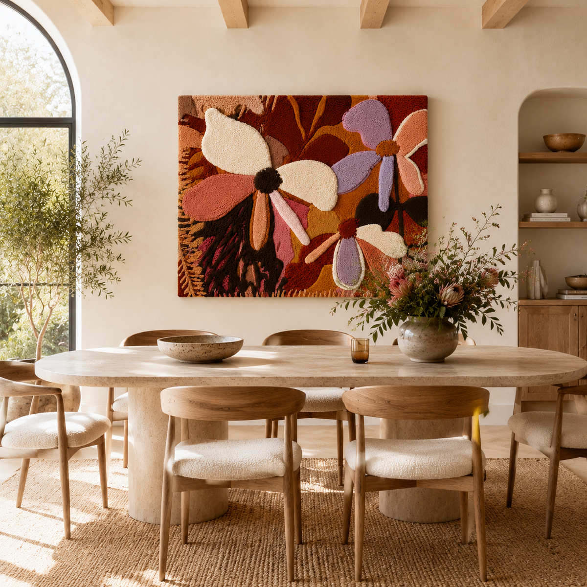 Hewn Earth Twilight Daisies wall art featuring vibrant daisies in a natural botanical design on a decorative wall hanging.