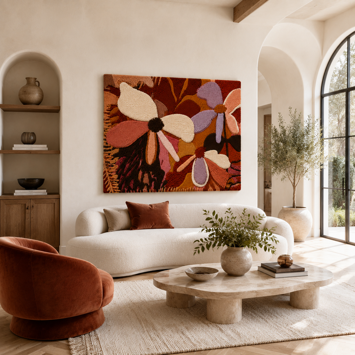Hewn Earth Twilight Daisies wall art featuring a vibrant floral design on a canvas or print display.