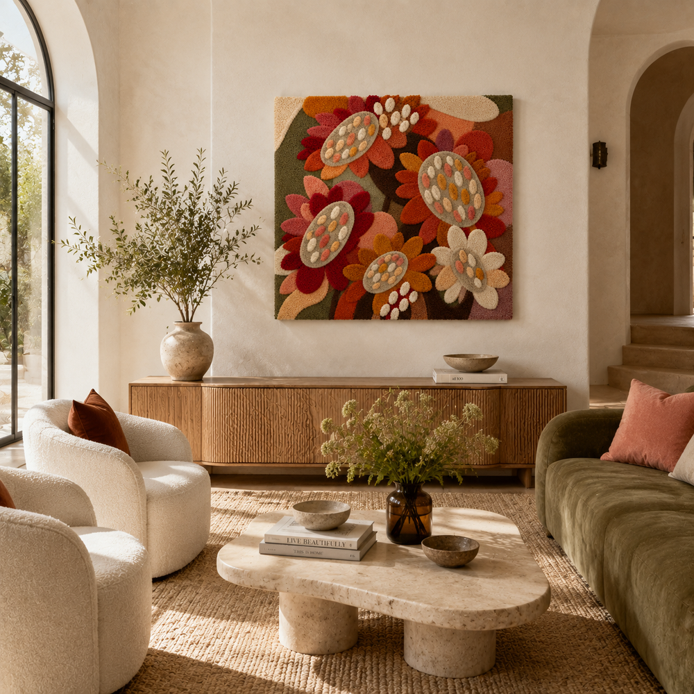 Hewn Earth Harvest Bouquet wall art, botanical print featuring vibrant, colorful flowers in a natural arrangement.