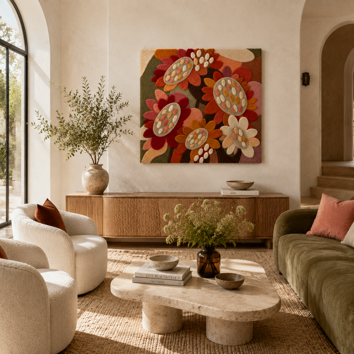 Hewn Earth Harvest Bouquet wall art, botanical print featuring vibrant, colorful flowers in a natural arrangement.