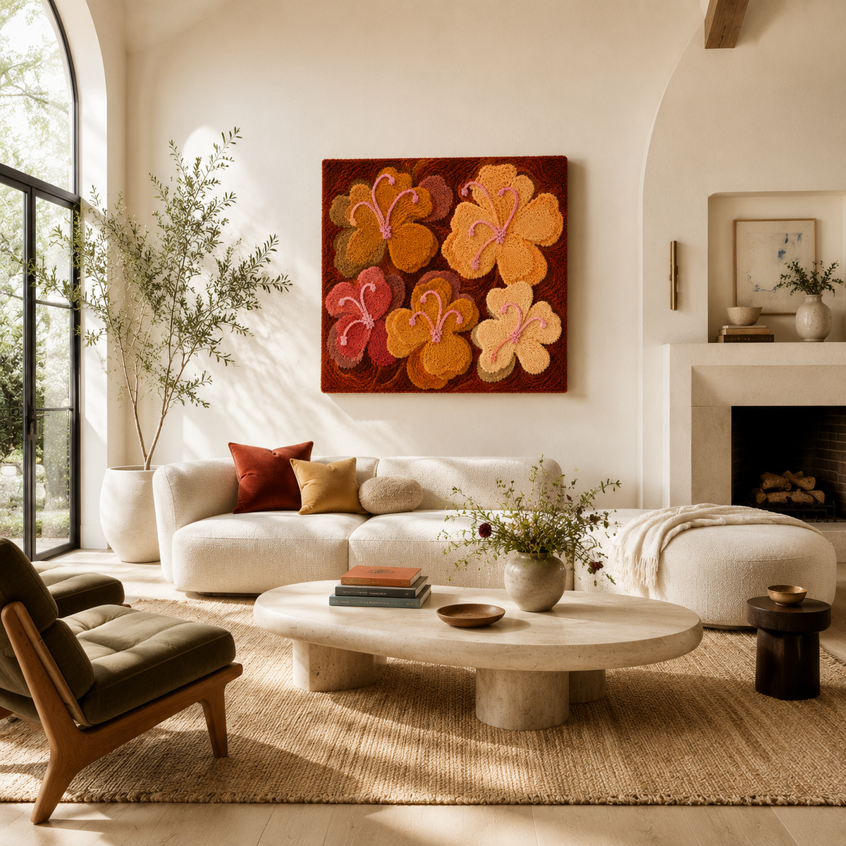 Hewn Earth Amber Petals wall art featuring warm amber-toned floral design on a textured background.