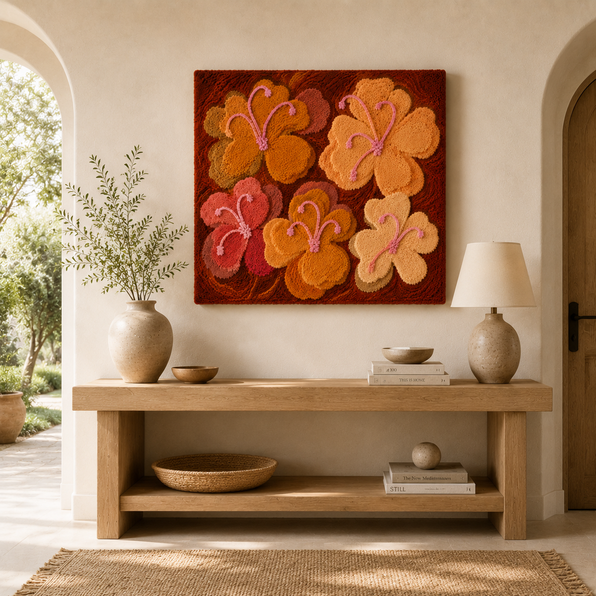 Hewn Earth Amber Petals wall art featuring a vibrant, abstract design with warm amber tones on a neutral background.