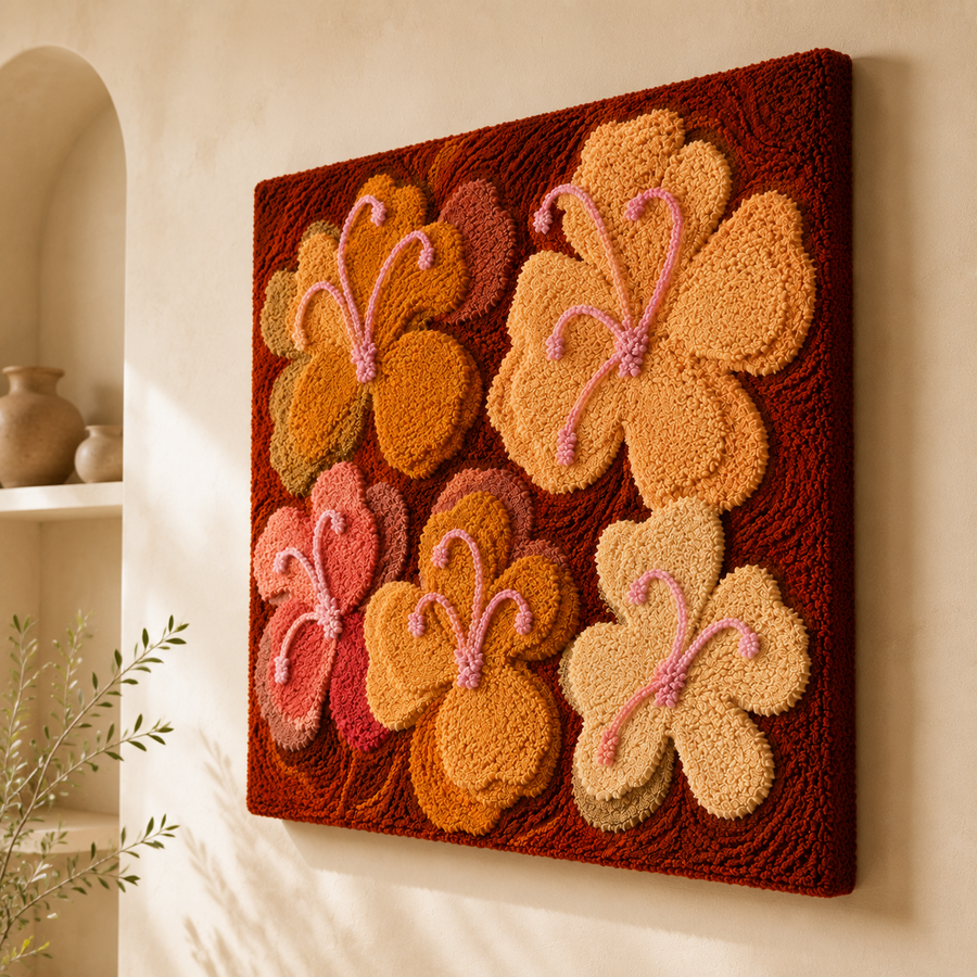 Hewn Earth Amber Petals wall art featuring warm amber-colored floral design on a textured background