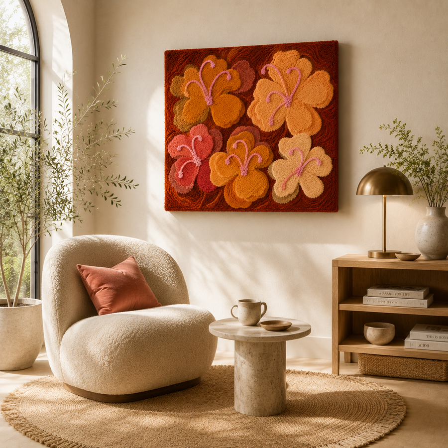Hewn Earth Amber Petals wall art featuring warm amber-colored abstract floral design on a canvas.