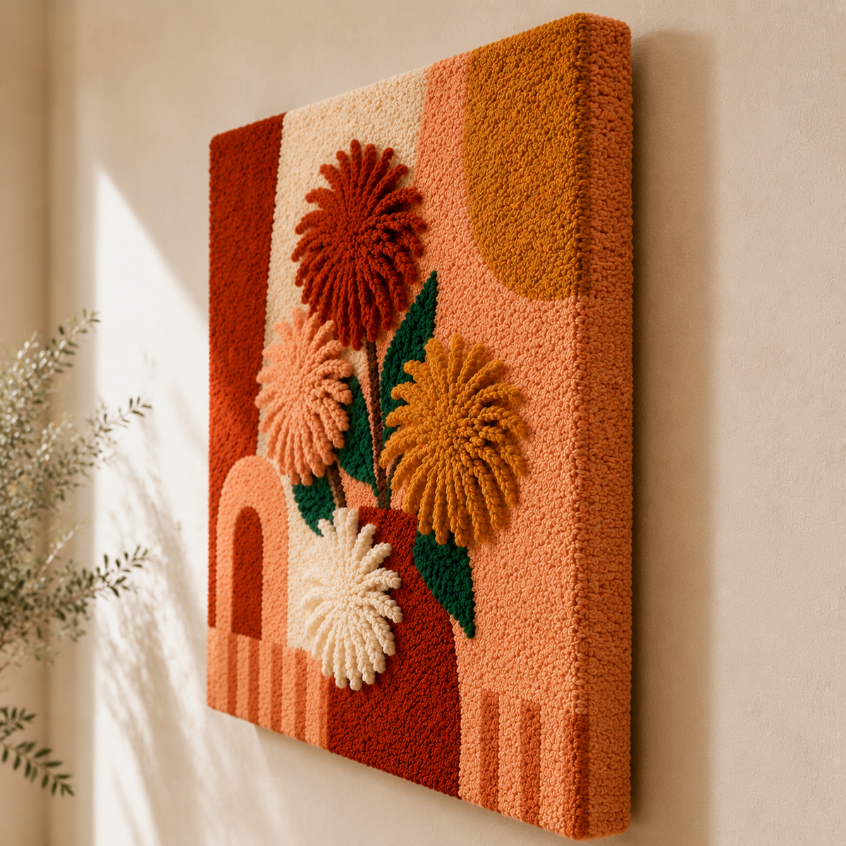 Hewn Earth Chrysanthemum Vase wall art, ceramic flower vase with detailed chrysanthemum design, hanging as wall decor.