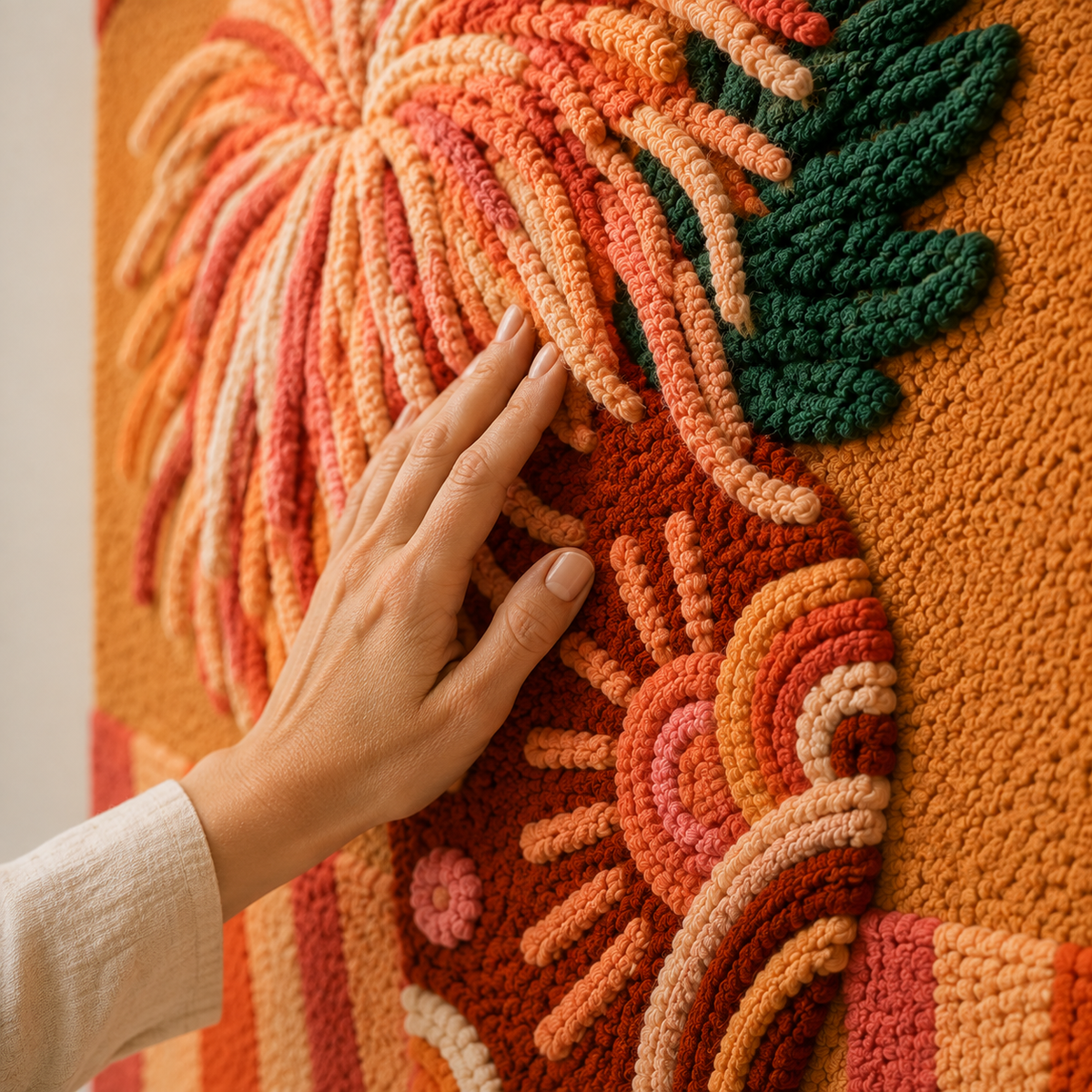 Coral chrysanthemum wall art by Hewn Earth featuring vibrant, textured floral design suitable for modern home decor.