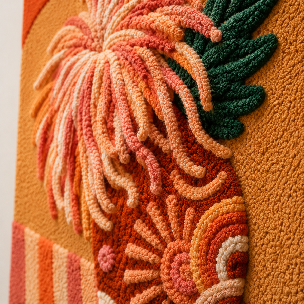Coral chrysanthemum wall art by Hewn Earth featuring vibrant orange and yellow floral design on textured canvas.