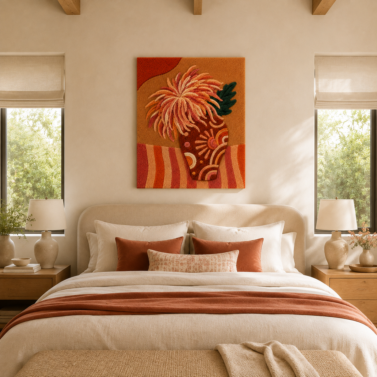 Coral Chrysanthemum wall art by Hewn Earth featuring a vibrant floral design on a textured surface.