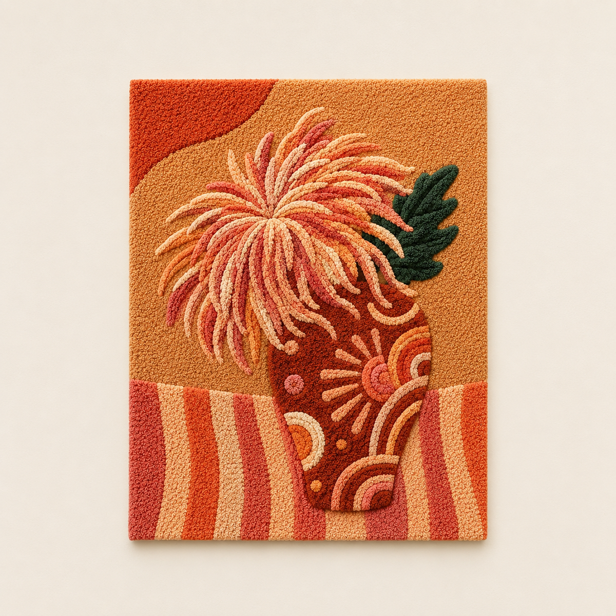 Coral chrysanthemum wall art by Hewn Earth featuring vibrant, detailed floral design on a natural background.