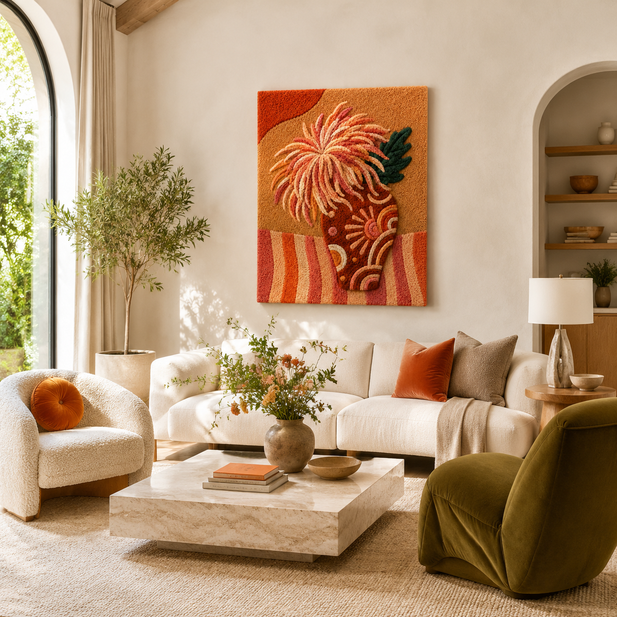Coral chrysanthemum wall art by Hewn Earth featuring vibrant, detailed floral design for home decor.