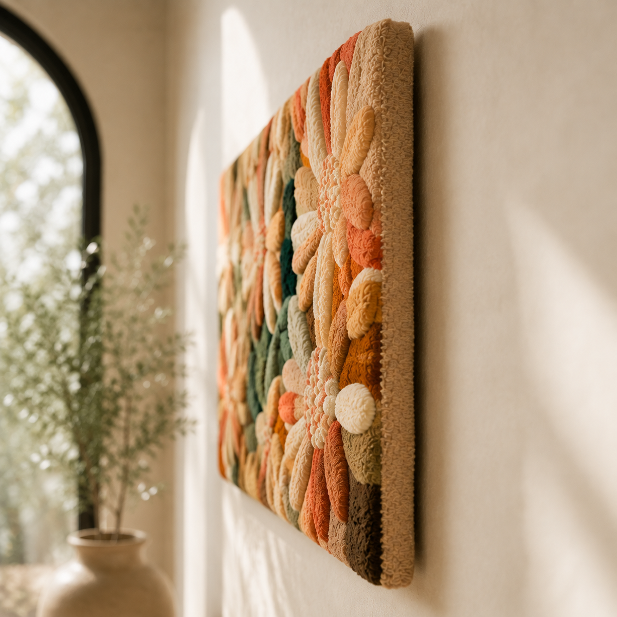 Hewn Earth Daisy Field wall art featuring vibrant yellow and green floral design on a natural background.